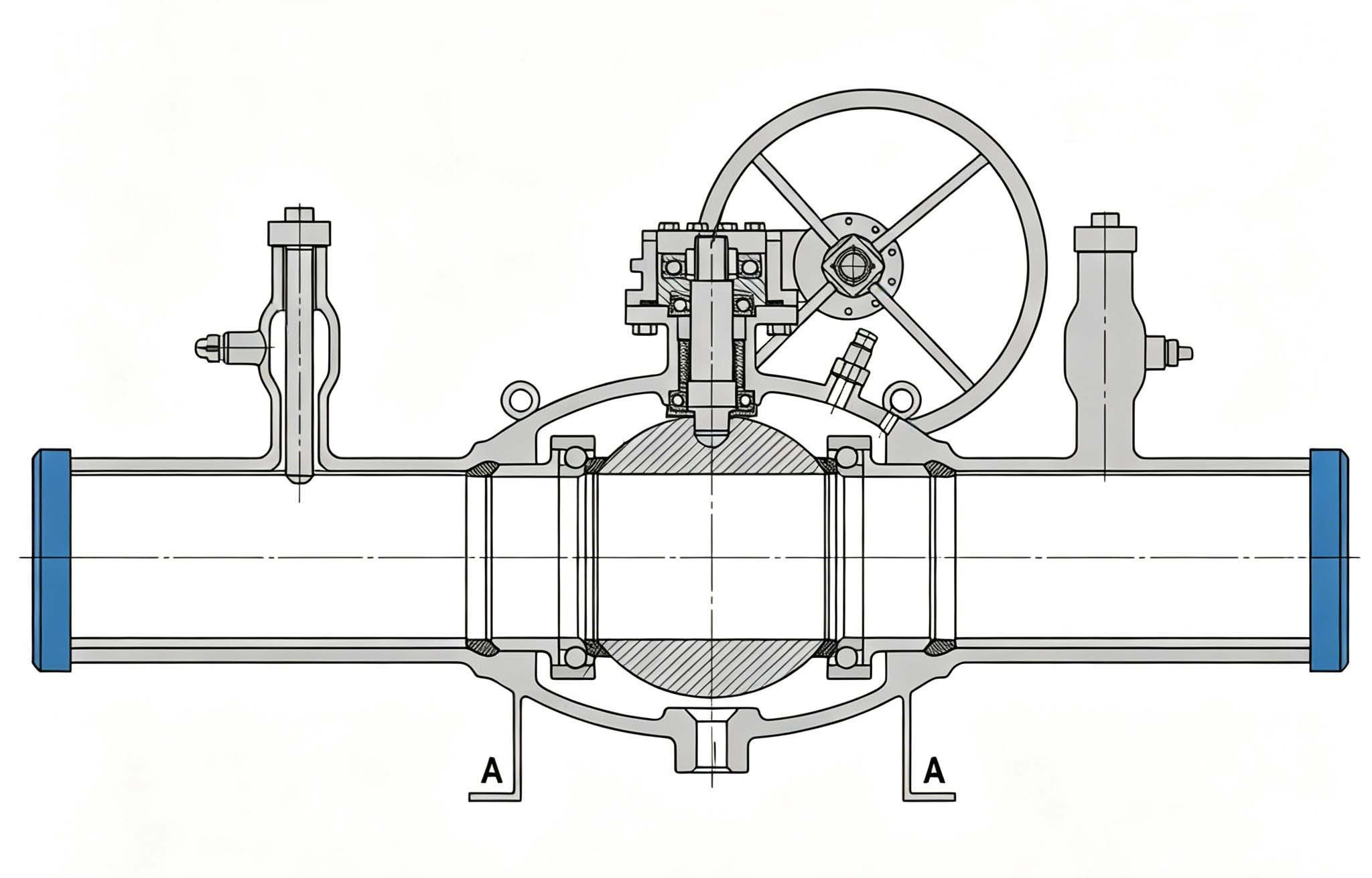 Structure of DN400 PN25 Carbon Steel Fully Welded Trunnion Ball Valve BW Ends RPTFE+C Seat Gear Operated BL342501